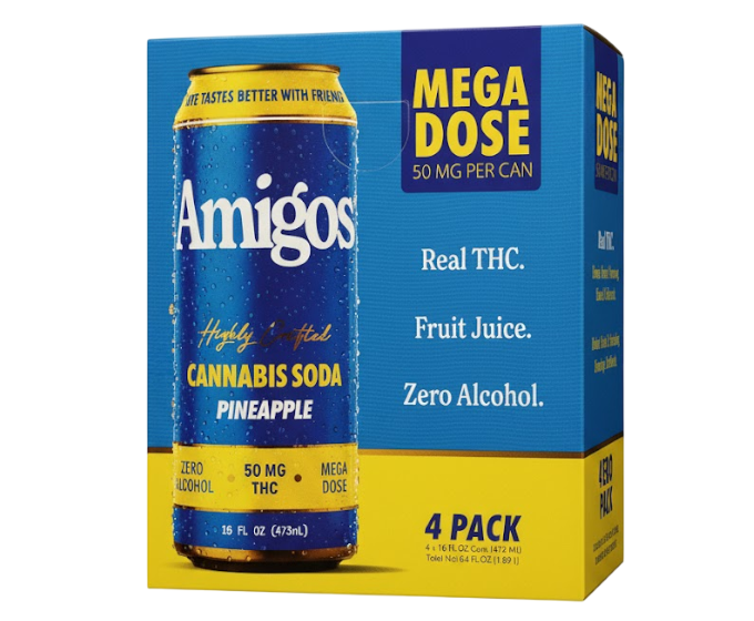 Amigos THC Cannabis Soda Pineapple 50mg 16oz 4-Pack Can
