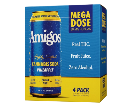 Amigos THC Cannabis Soda Pineapple 50mg 16oz 4-Pack Can