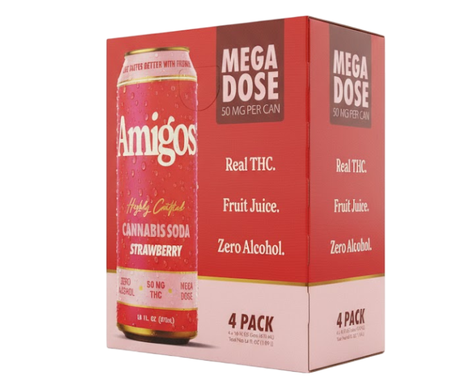 Amigos THC Cannabis Soda Strawberry 50mg 16oz 4-Pack Can